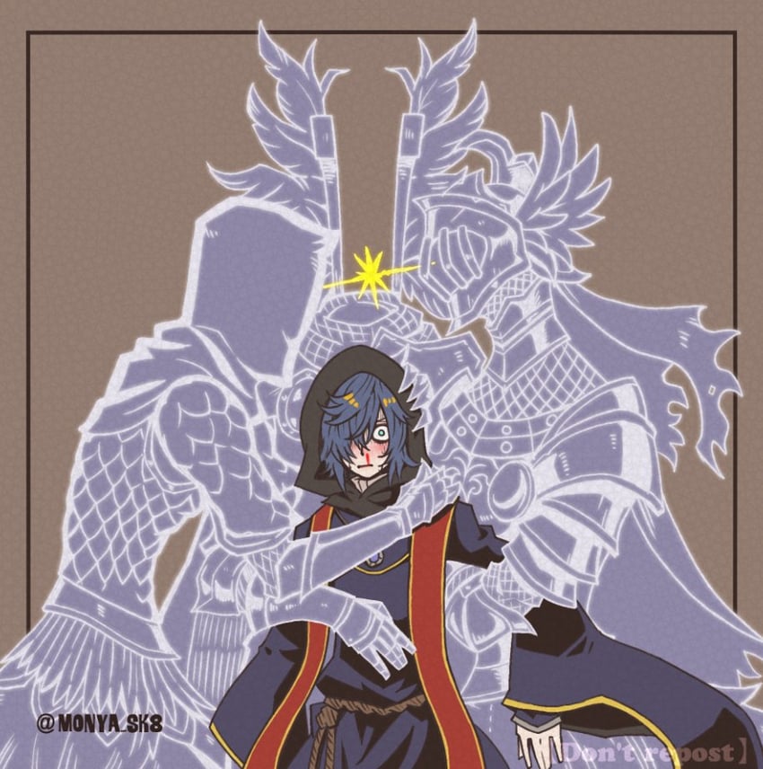 tarnished, cleanrot knight finlay, black knife tiche, and lhutel the headless (elden ring) drawn by mikey