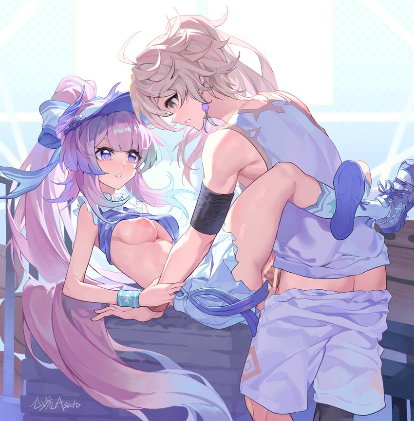 aether and sangonomiya kokomi (genshin impact) drawn by xinliu_asato