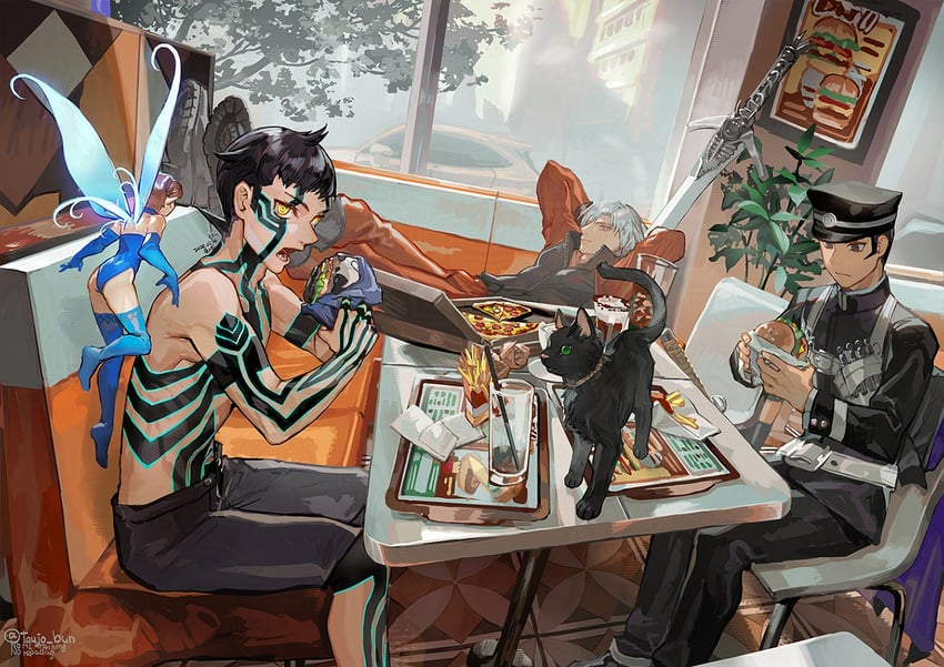 dante, demi-fiend, kuzunoha raidou, pixie, and gouto (devil may cry and 3 more) drawn by toujou_bun