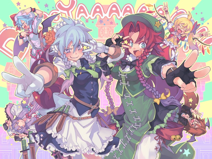 remilia scarlet, flandre scarlet, izayoi sakuya, patchouli knowledge, hong meiling, and 1 more (touhou) drawn by morino_hon