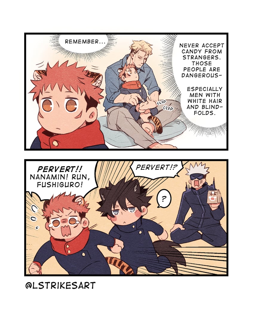 gojou satoru, itadori yuuji, fushiguro megumi, and nanami kento (jujutsu kaisen) drawn by lightningstrikes