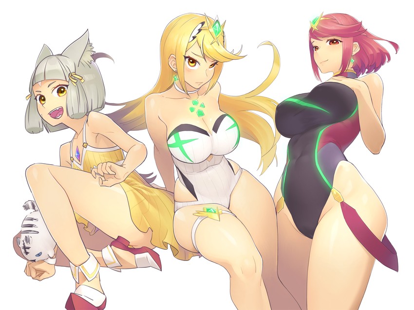 pyra, mythra, dromarch, and nia (xenoblade chronicles and 1 more) drawn by natto_soup