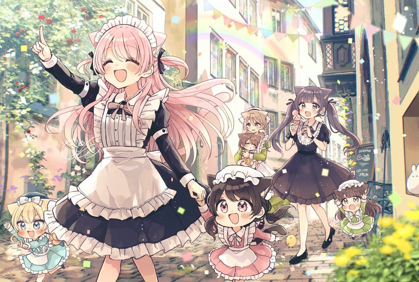moco, rucora, haru, makia, fuu, and 2 more (fushigi na neko no machi meltier) drawn by sakura_oriko