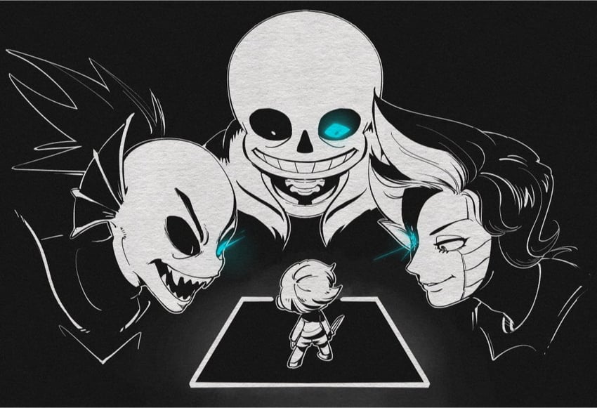 frisk, sans, undyne, mettaton, undyne the undying, and 1 more (undertale) drawn by sigumado66