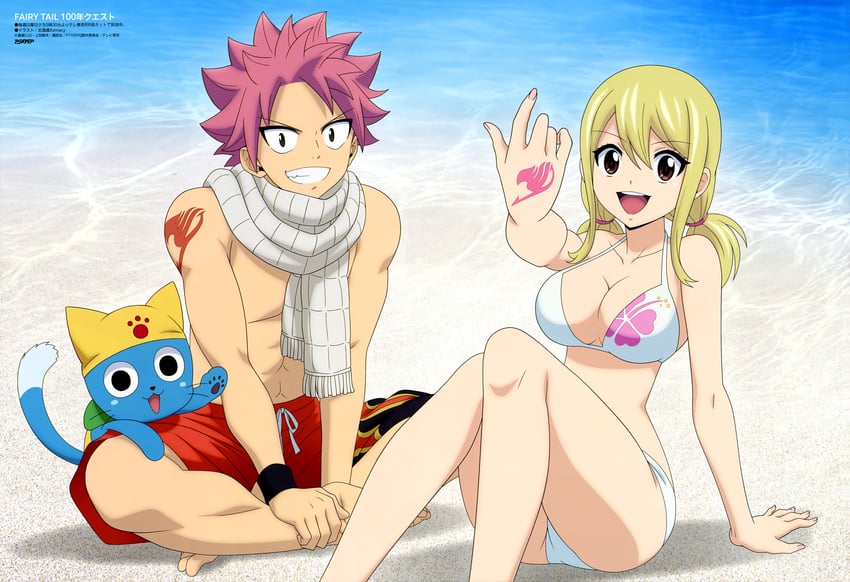 lucy heartfilia, natsu dragneel, and happy (fairy tail and 1 more) drawn by hokkaido_azmacy_inc.