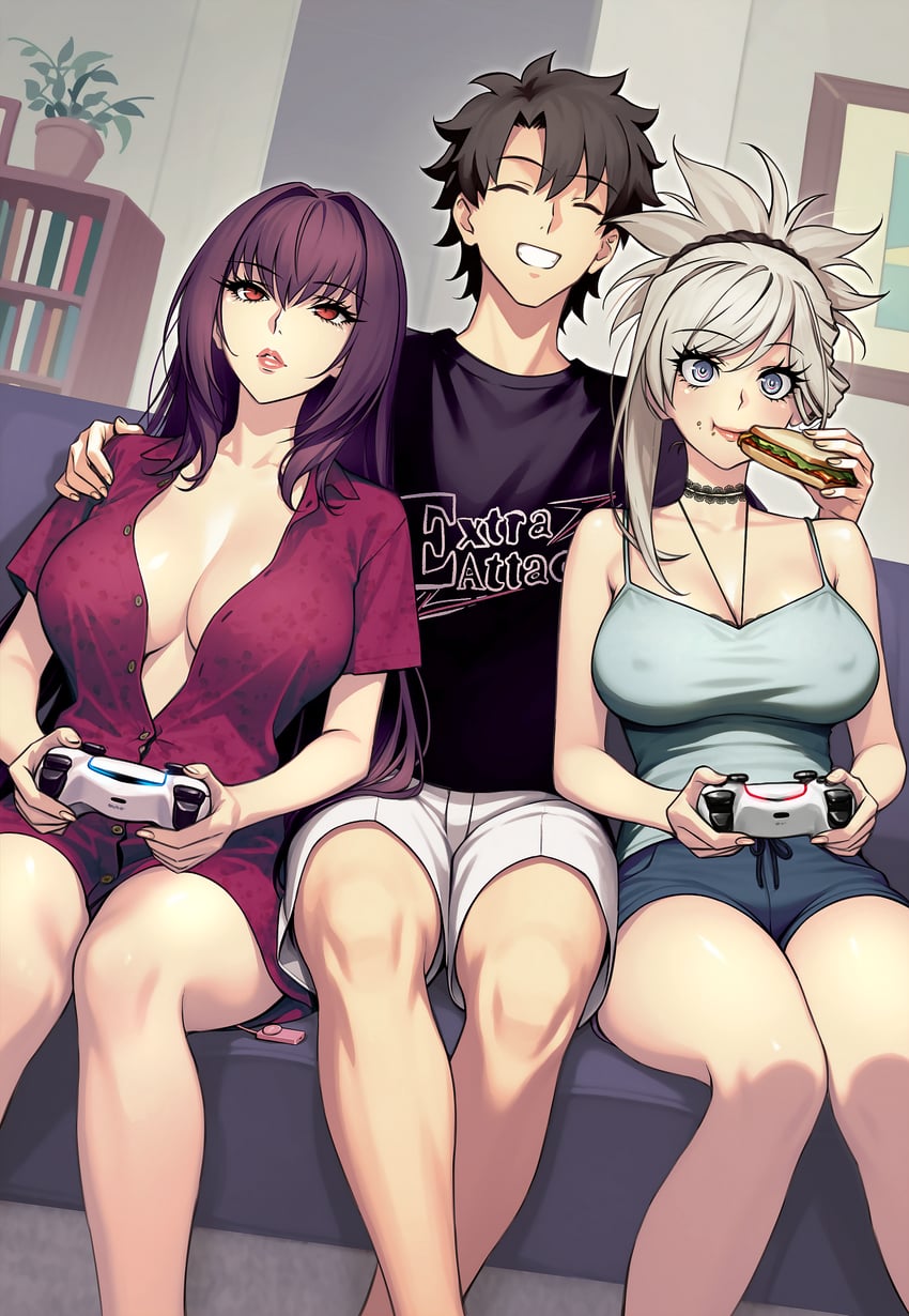 fujimaru ritsuka, scathach, and miyamoto musashi (fate and 1 more) drawn by dynamitenatalia
