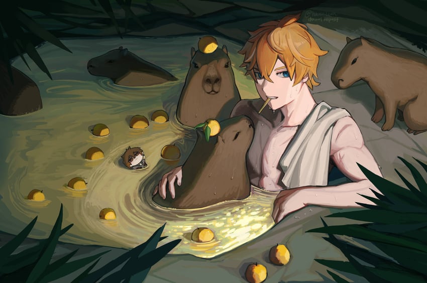 zhongli and tartaglia (genshin impact) drawn by hannilem