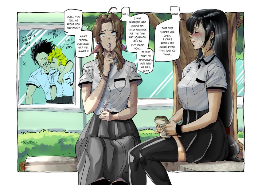 tifa lockhart, cloud strife, aerith gainsborough, and zack fair (final fantasy and 1 more) drawn by aarokira