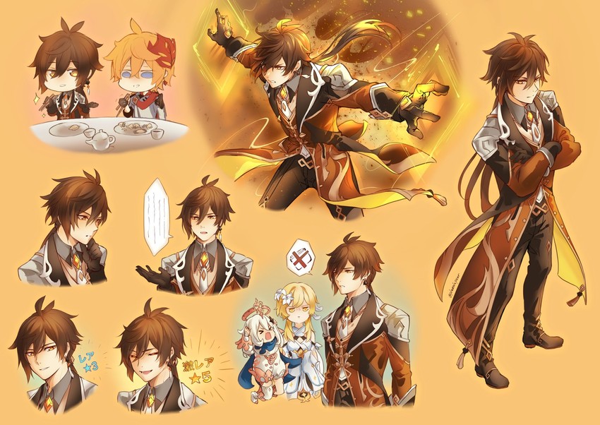lumine, zhongli, paimon, and tartaglia (genshin impact) drawn by jin_(phoenixpear)