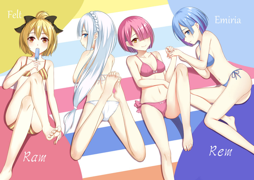 rem, emilia, ram, and felt (re:zero kara hajimeru isekai seikatsu) drawn by flan_(seeyouflan)