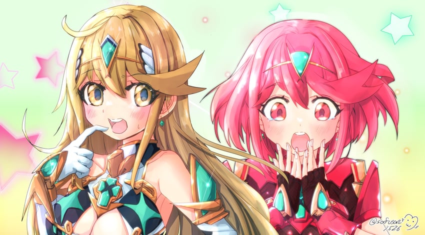 pyra and mythra (xenoblade chronicles and 1 more) drawn by sofusan1526