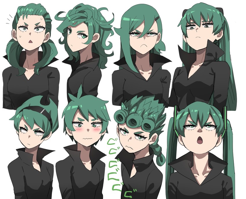 hatsune miku, souryuu asuka langley, tatsumaki, giorno giovanna, and mandy (vocaloid and 5 more) drawn by jourd4n