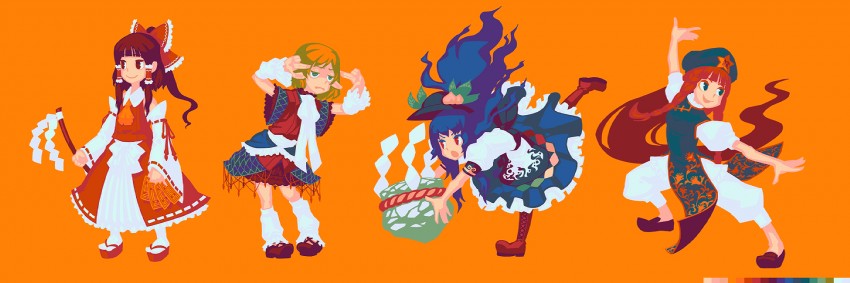 hakurei reimu, hong meiling, hinanawi tenshi, and mizuhashi parsee (touhou) drawn by zounose