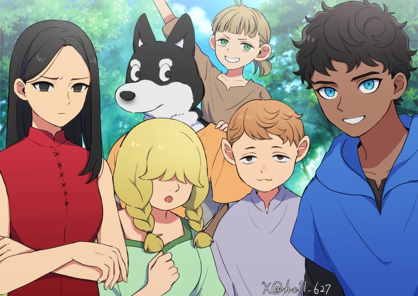 kabru, mickbell tomas, kuro, rin, holm kranom, and 1 more (dungeon meshi) drawn by hc1l_627