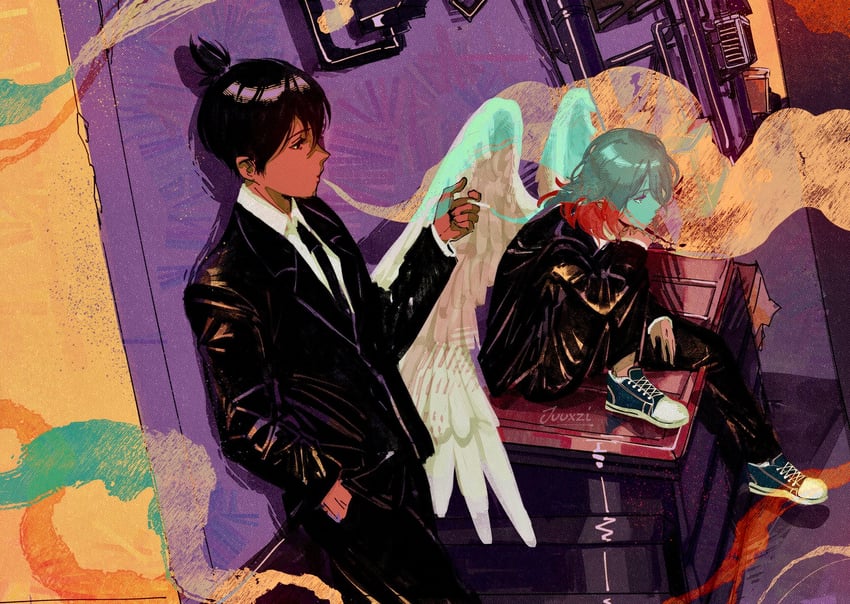hayakawa aki and angel devil (chainsaw man) drawn by juuxzi