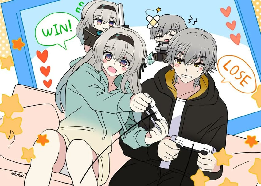 trailblazer, firefly, and caelus (honkai and 1 more) drawn by hyohls2_(hamao3o)