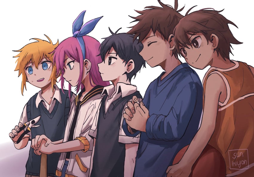 sunny, basil, aubrey, kel, and hero (omori) drawn by hiyon_(sun_hiyon)
