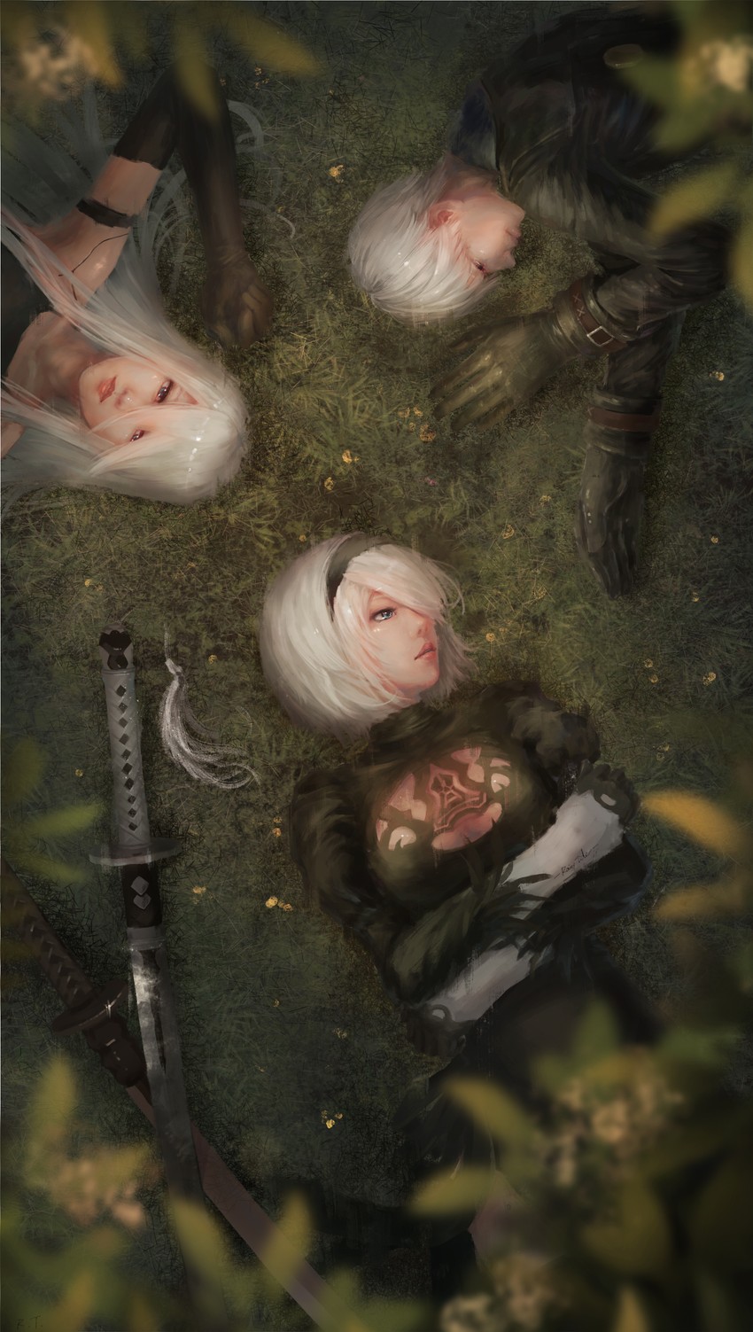 2b, 9s, and a2 (nier and 1 more) drawn by amaushio