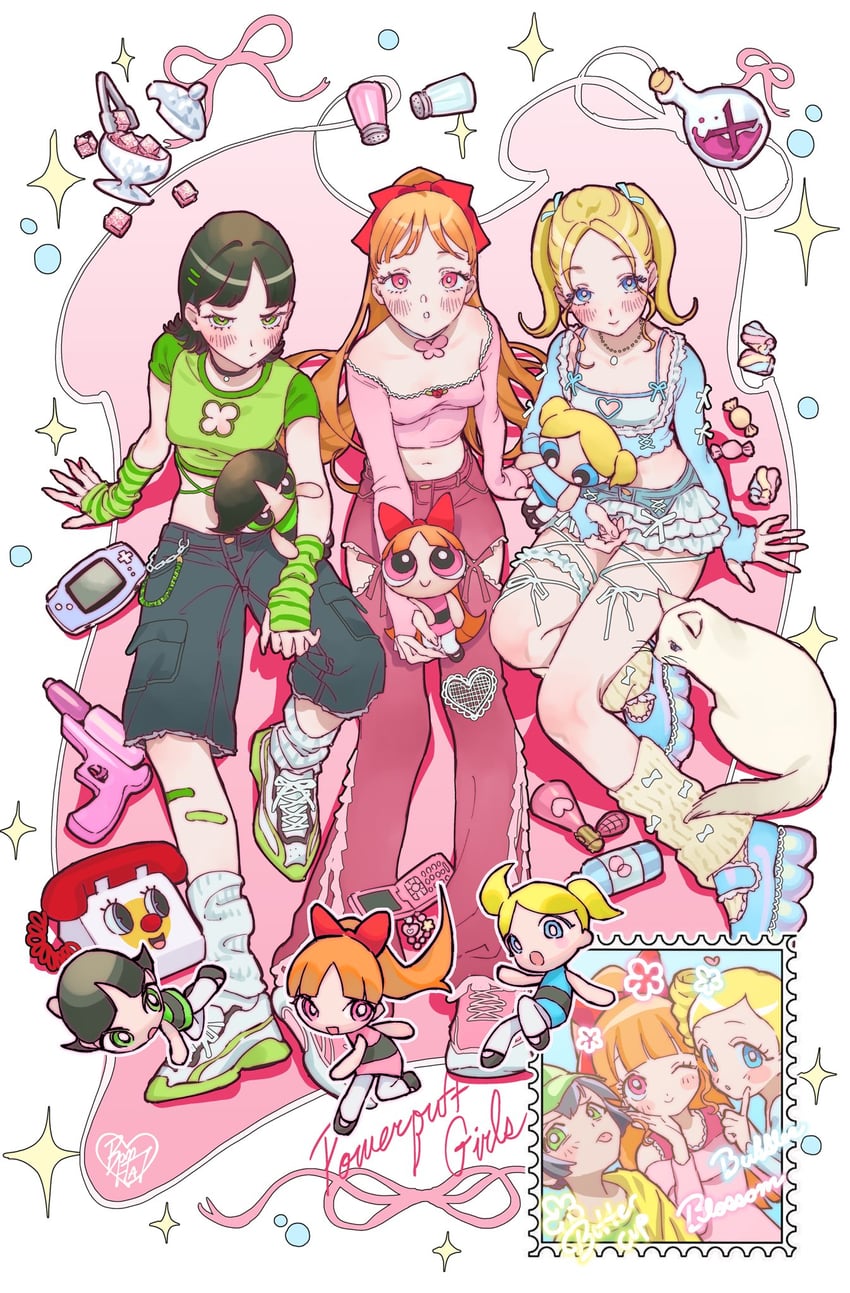 buttercup, blossom, bubbles, akazutsumi momoko, matsubara kaoru, and 4 more (powerpuff girls and 1 more) drawn by bomhat