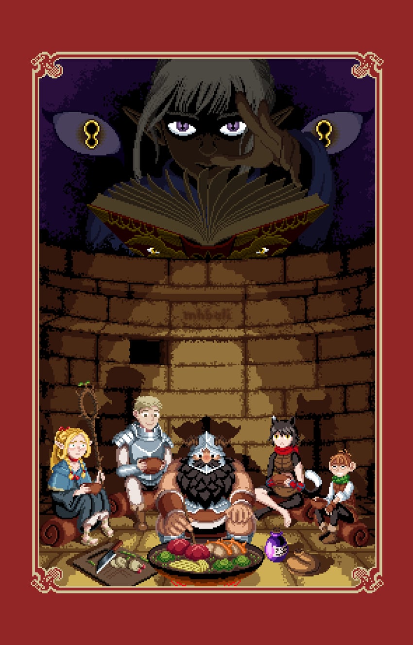 marcille donato, laios touden, senshi, chilchuck tims, izutsumi, and 2 more (dungeon meshi) drawn by mohammed_bali