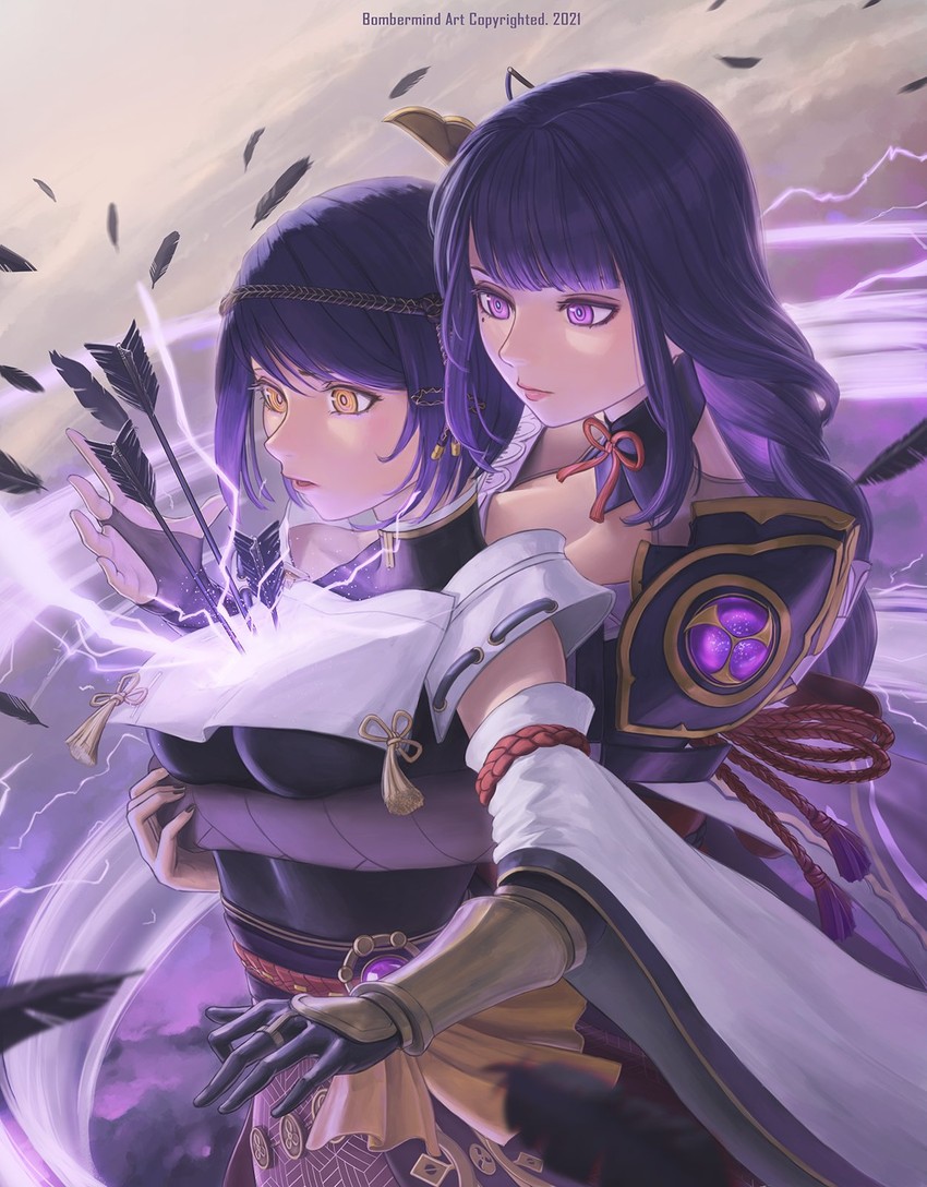 raiden shogun and kujou sara (genshin impact) drawn by bomberminda