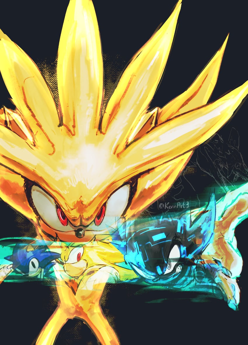 sonic the hedgehog, shadow the hedgehog, silver the hedgehog, super sonic, super shadow, and 2 more (dragon ball and 4 more) drawn by kornart