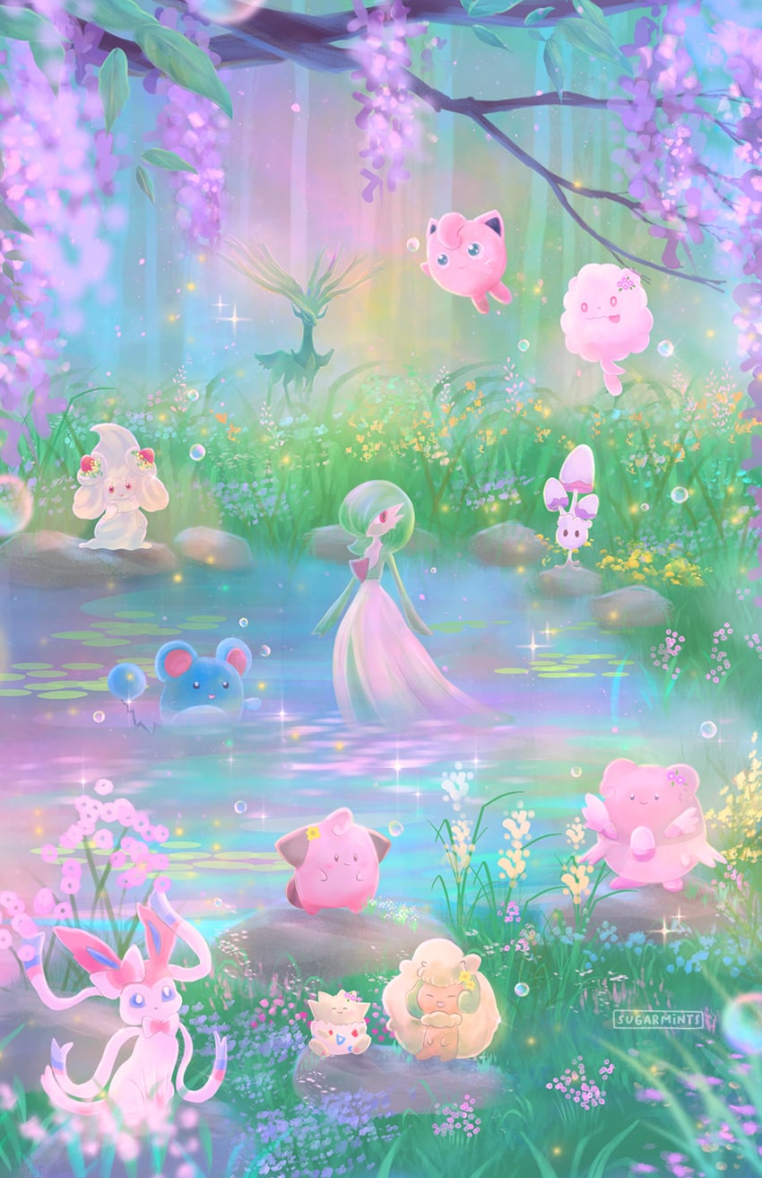 gardevoir, sylveon, jigglypuff, alcremie, marill, and 7 more (pokemon) drawn by sugarmintdreams