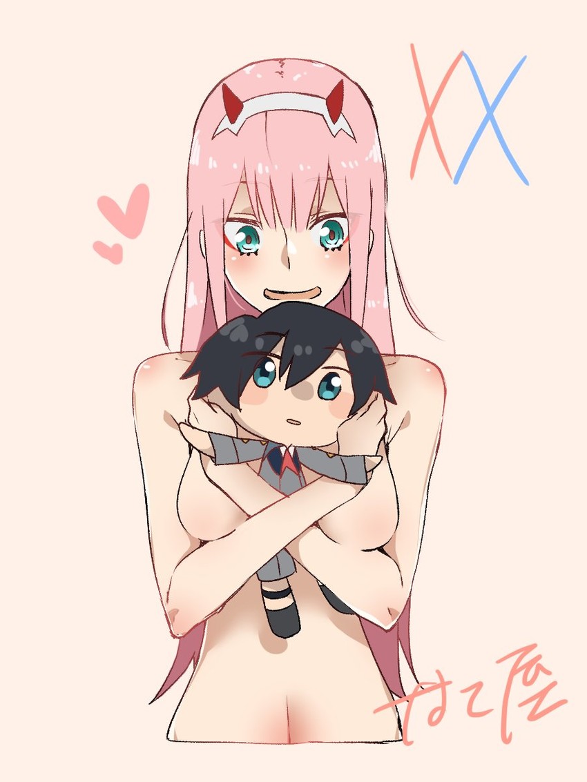zero two and hiro (darling in the franxx) drawn by nakoya_(nane_cat)