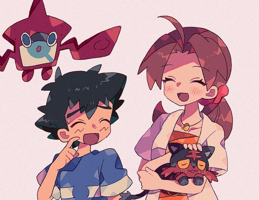 ash ketchum, rotom, litten, rotom dex, and delia ketchum (pokemon and 1 more) drawn by mgomurainu