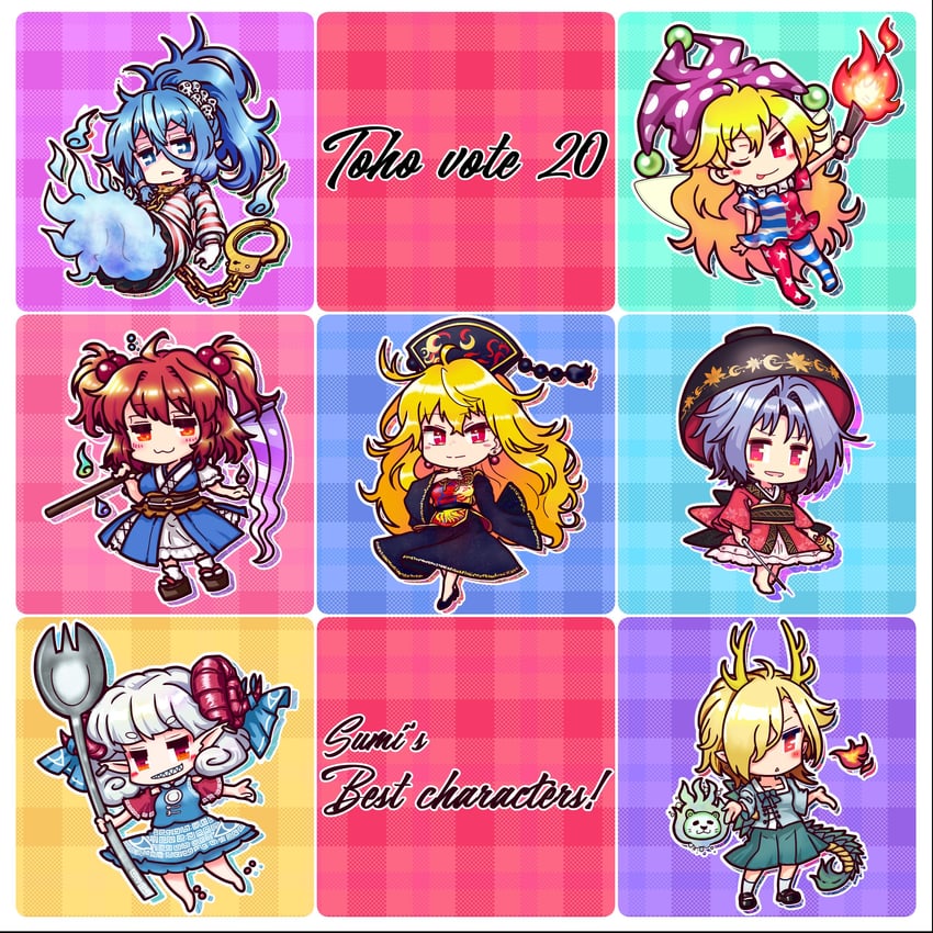 onozuka komachi, clownpiece, junko, sukuna shinmyoumaru, kicchou yachie, and 3 more (touhou) drawn by carbohydrate_(asta4282)