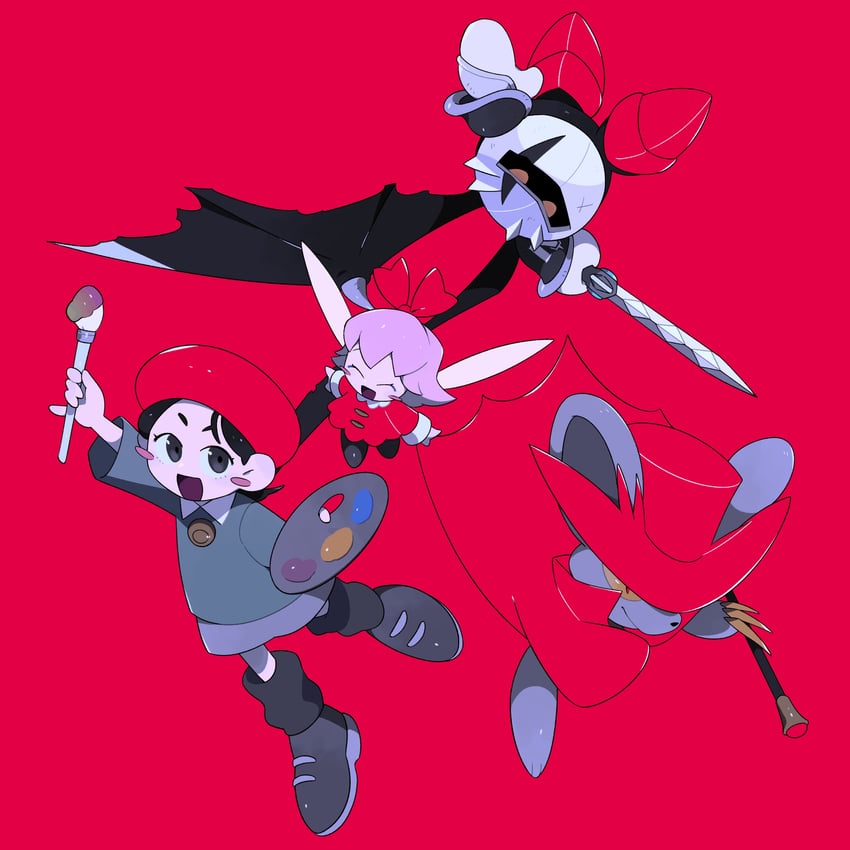 adeleine, ribbon, dark meta knight, and daroach (kirby and 1 more) drawn by kanianoreki