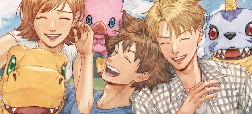 yagami taichi, agumon, takenouchi sora, ishida yamato, gabumon, and 1 more (digimon and 1 more) drawn by rosalina_lintang