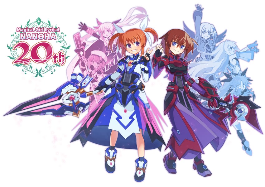 fate testarossa, takamachi nanoha, yagami hayate, raising heart, stern the destructor, and 6 more (lyrical nanoha and 1 more) drawn by hibun_tsukasa