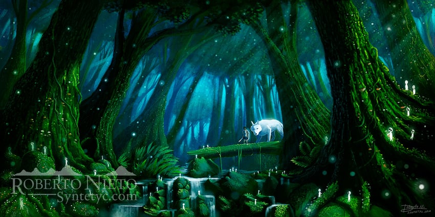 san, kodama, and moro (mononoke hime) drawn by syntetyc