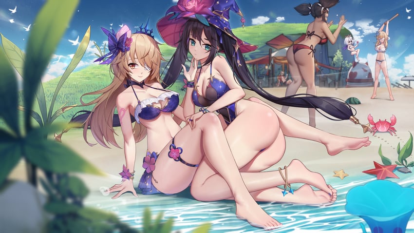 lumine, mona, paimon, kaedehara kazuha, fischl, and 1 more (genshin impact) drawn by xingchee