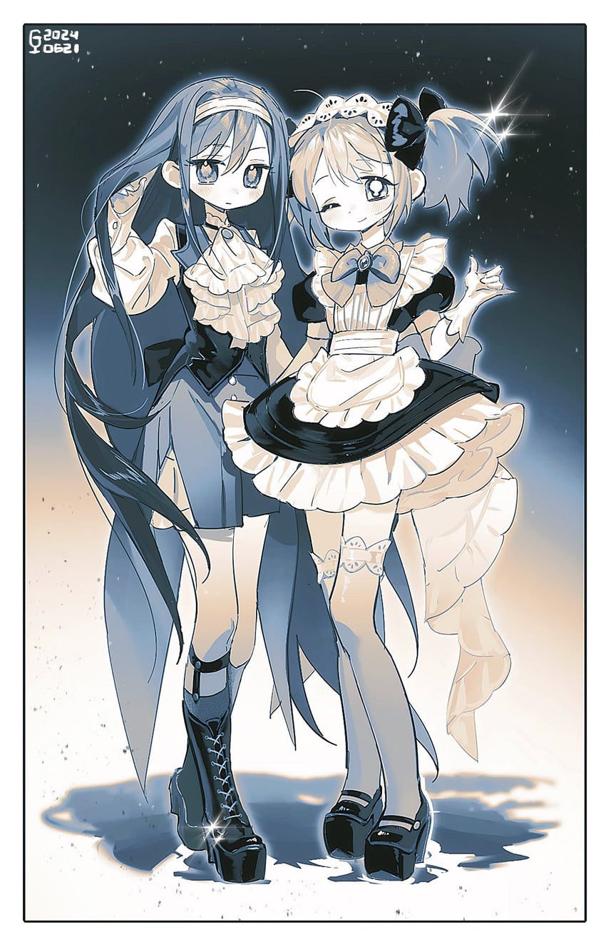 akemi homura and kaname madoka (mahou shoujo madoka magica) drawn by goblet_42