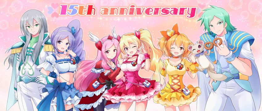 higashi setsuna, momozono love, cure peach, yamabuki inori, aono miki, and 6 more (precure and 1 more) drawn by shizuna_kaede