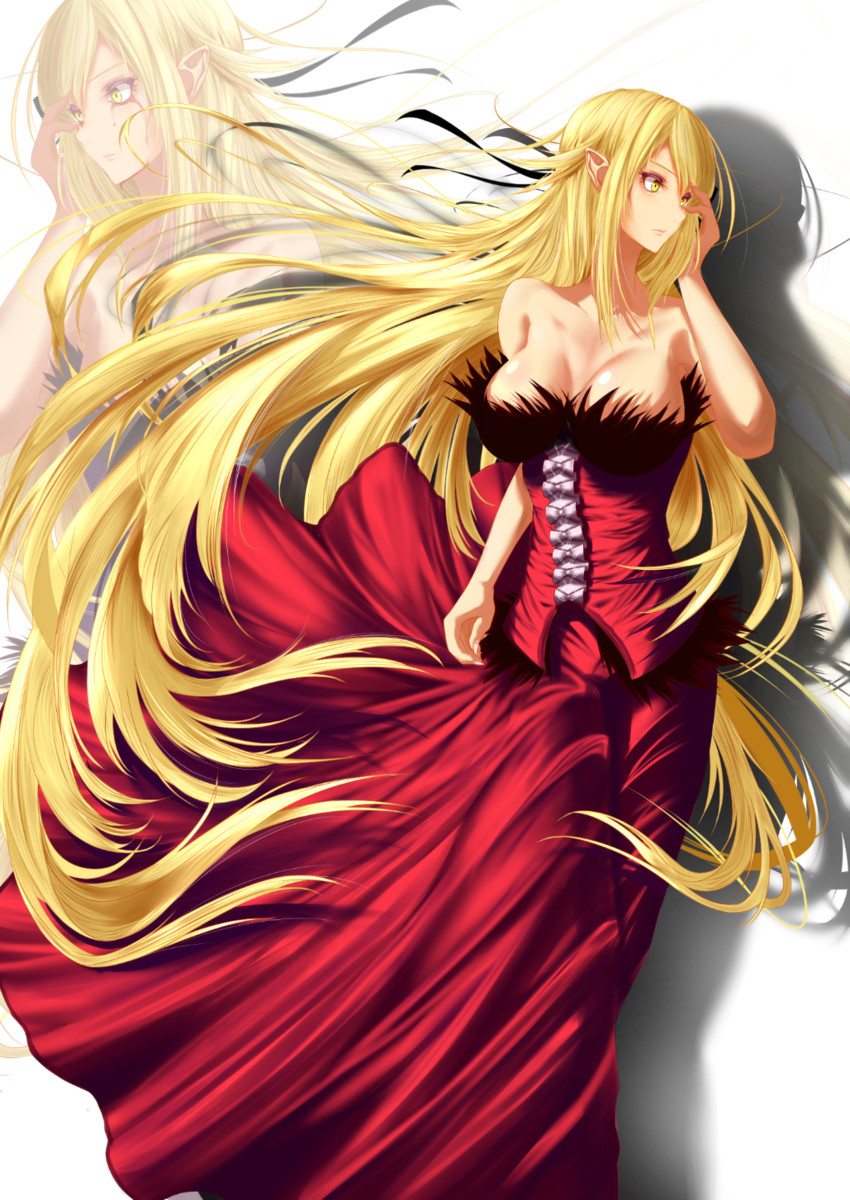 oshino shinobu and kiss-shot acerola-orion heart-under-blade (monogatari) drawn by zhu_yinhua