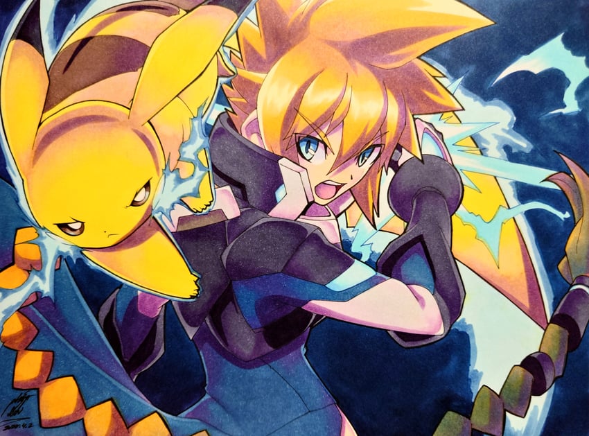 pikachu and gunvolt (pokemon and 2 more) drawn by 025aki