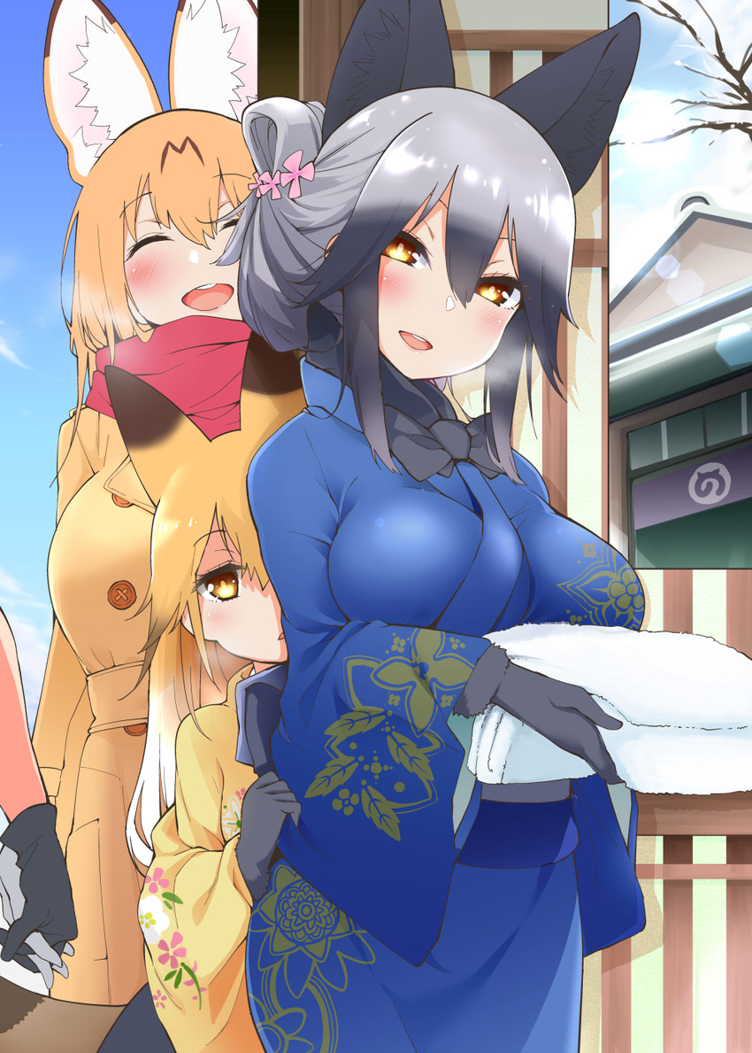serval, kaban, silver fox, and ezo red fox (kemono friends) drawn by hayashi_(l8poushou)