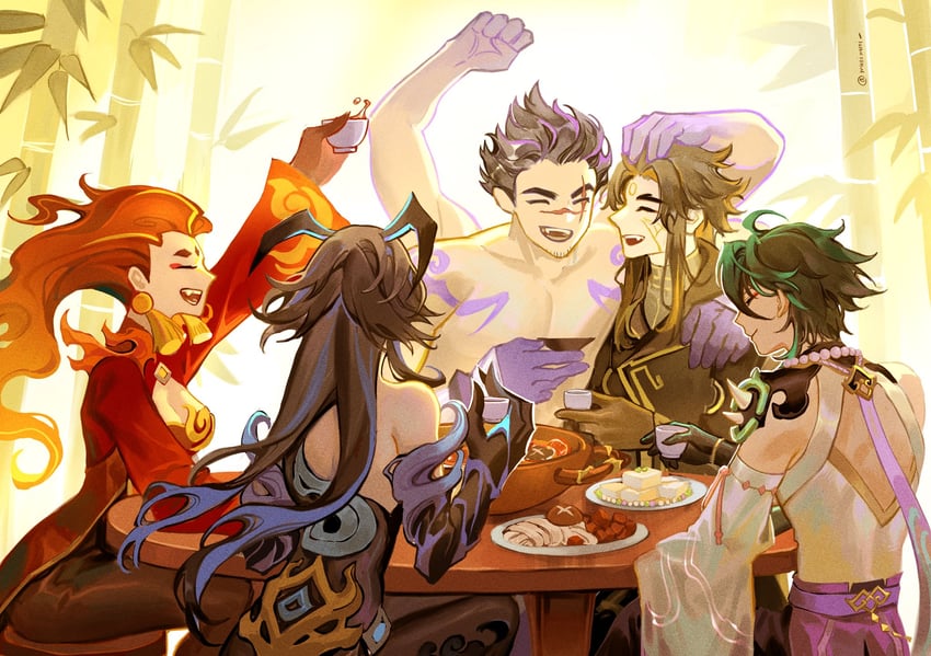 xiao, bonanus, indarias, bosacius, and menogias (genshin impact) drawn by muoi