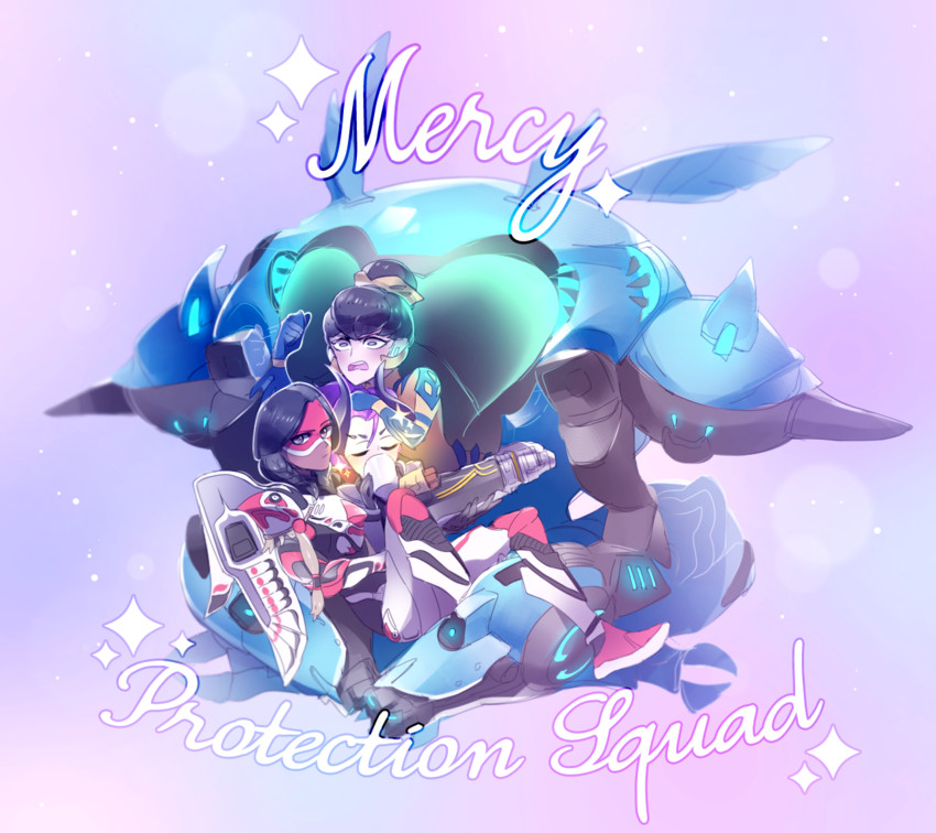 d.va, mercy, pharah, imp mercy, thunderbird pharah, and 1 more (overwatch and 1 more) drawn by sylvaur_(serpygardy)