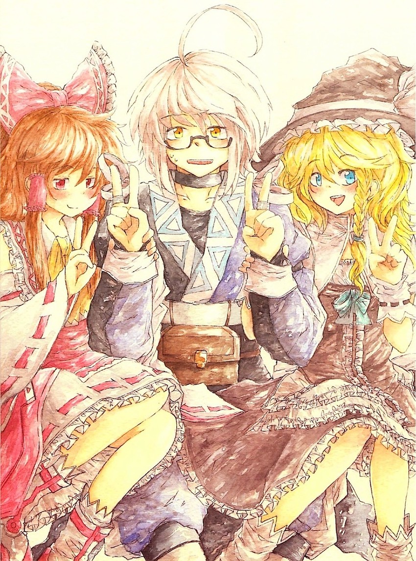 hakurei reimu, kirisame marisa, and morichika rinnosuke (touhou) drawn by tamo_no_ko