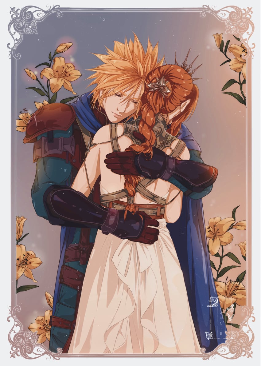 cloud strife and aerith gainsborough (final fantasy and 3 more) drawn by shanlieart