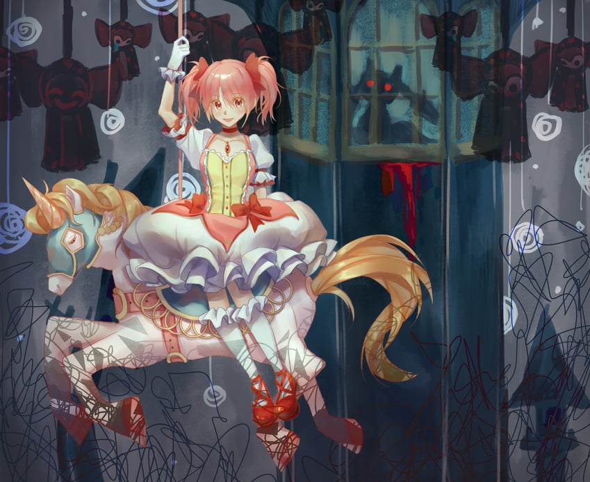 kaname madoka, kyubey, and charlotte (mahou shoujo madoka magica) drawn by maili