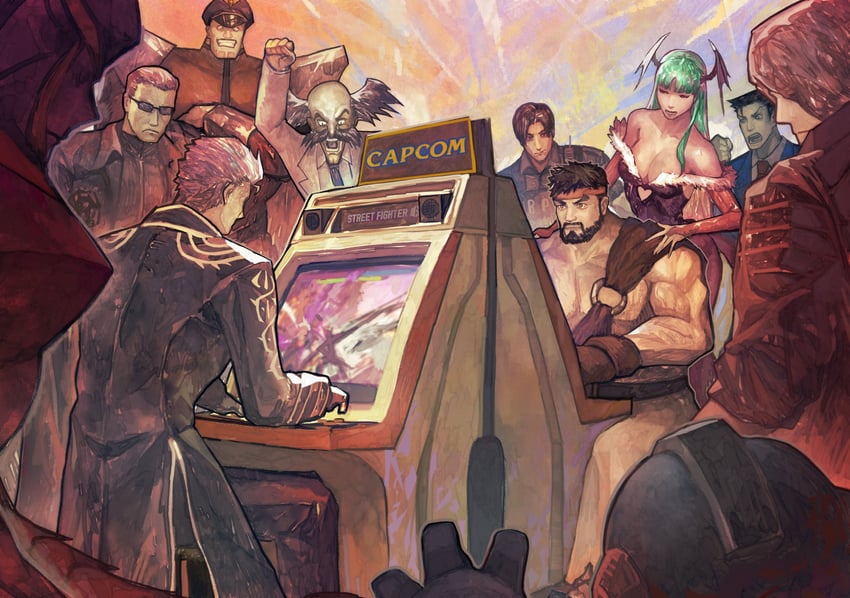 morrigan aensland, ryu, dante, leon s. kennedy, mega man, and 5 more (street fighter and 10 more) drawn by subakeye
