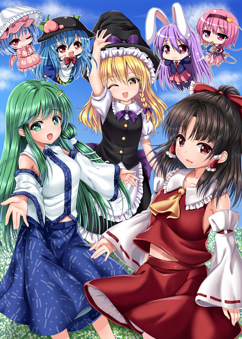 hakurei reimu, kirisame marisa, remilia scarlet, kochiya sanae, reisen udongein inaba, and 2 more (touhou) drawn by u2_(5798239)