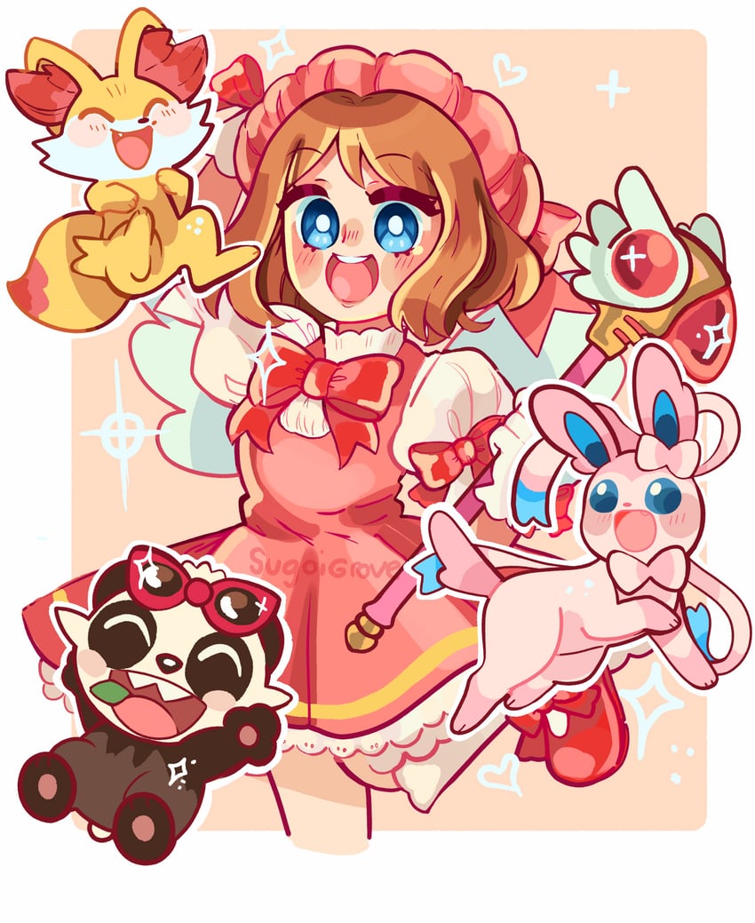 kinomoto sakura, serena, sylveon, fennekin, and pancham (pokemon and 2 more) drawn by sugoigrove