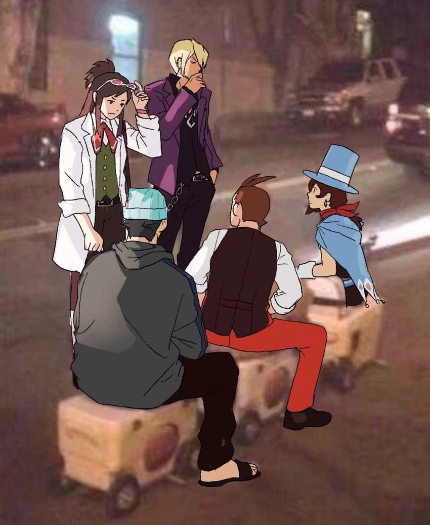 phoenix wright, apollo justice, trucy wright, klavier gavin, and ema skye (ace attorney and 1 more) drawn by godzillapigeon1