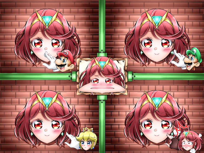 pyra, princess peach, mario, and luigi (mario and 4 more) drawn by co-dai